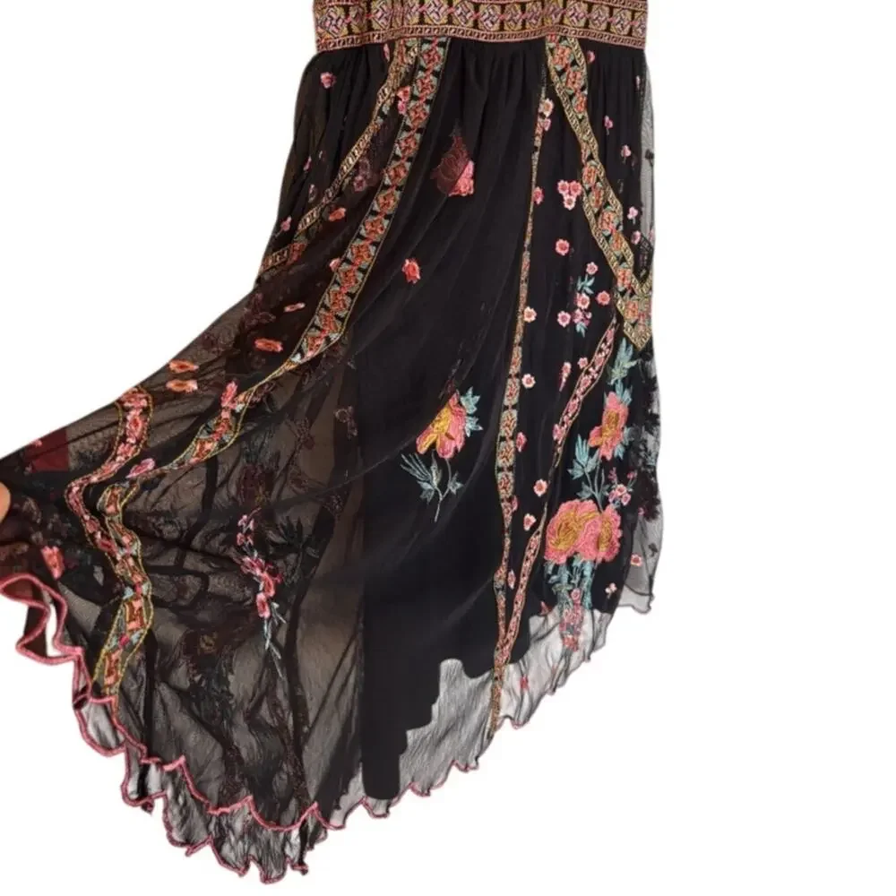 Sundance Roxanna Embroidered Mesh Dress Boho Fall Wedding Cocktail Dress size L